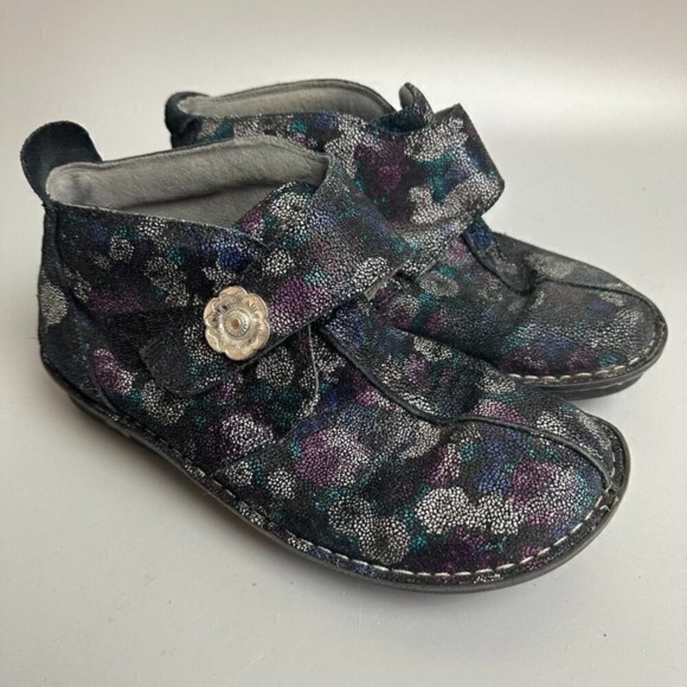 Alegria Womens Black Metallic Floral Leather Ankle Boots Flower Button‎ Strap 38